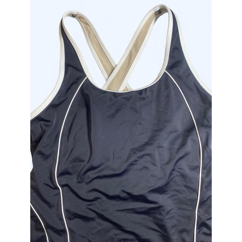 Lands' End Tugless X-Back Swimsuit Black White Piping EUC Size 14 Sporty - Picture 5 of 13